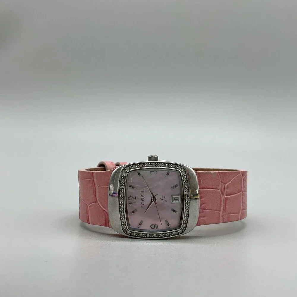 Fossil F2 Womens Watch 25mm Pink MOP Crystals Leather Date ES-9720 New Battery